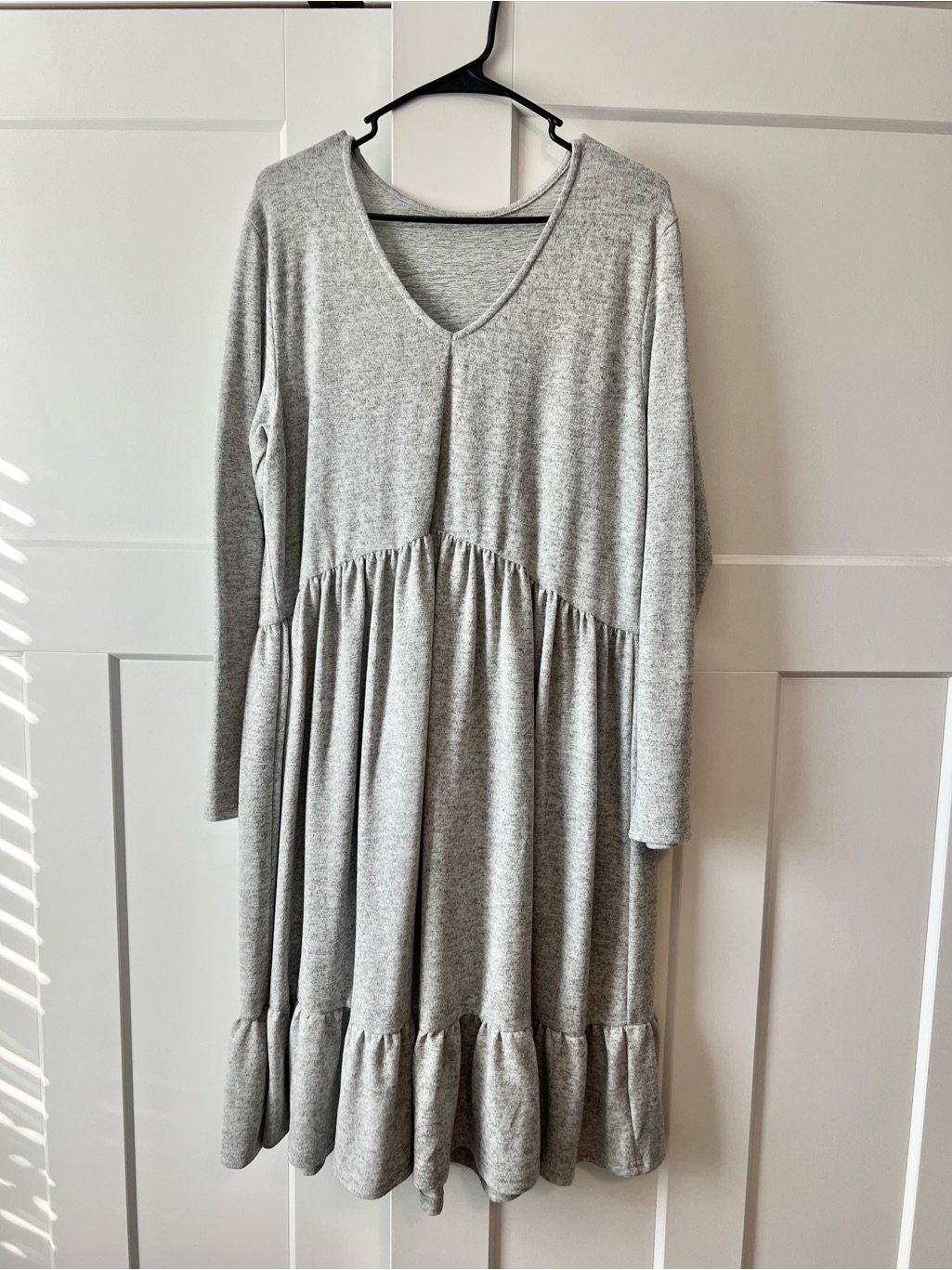 Soft V-Neck Long Sleeve Gray Knit Babydoll Dress